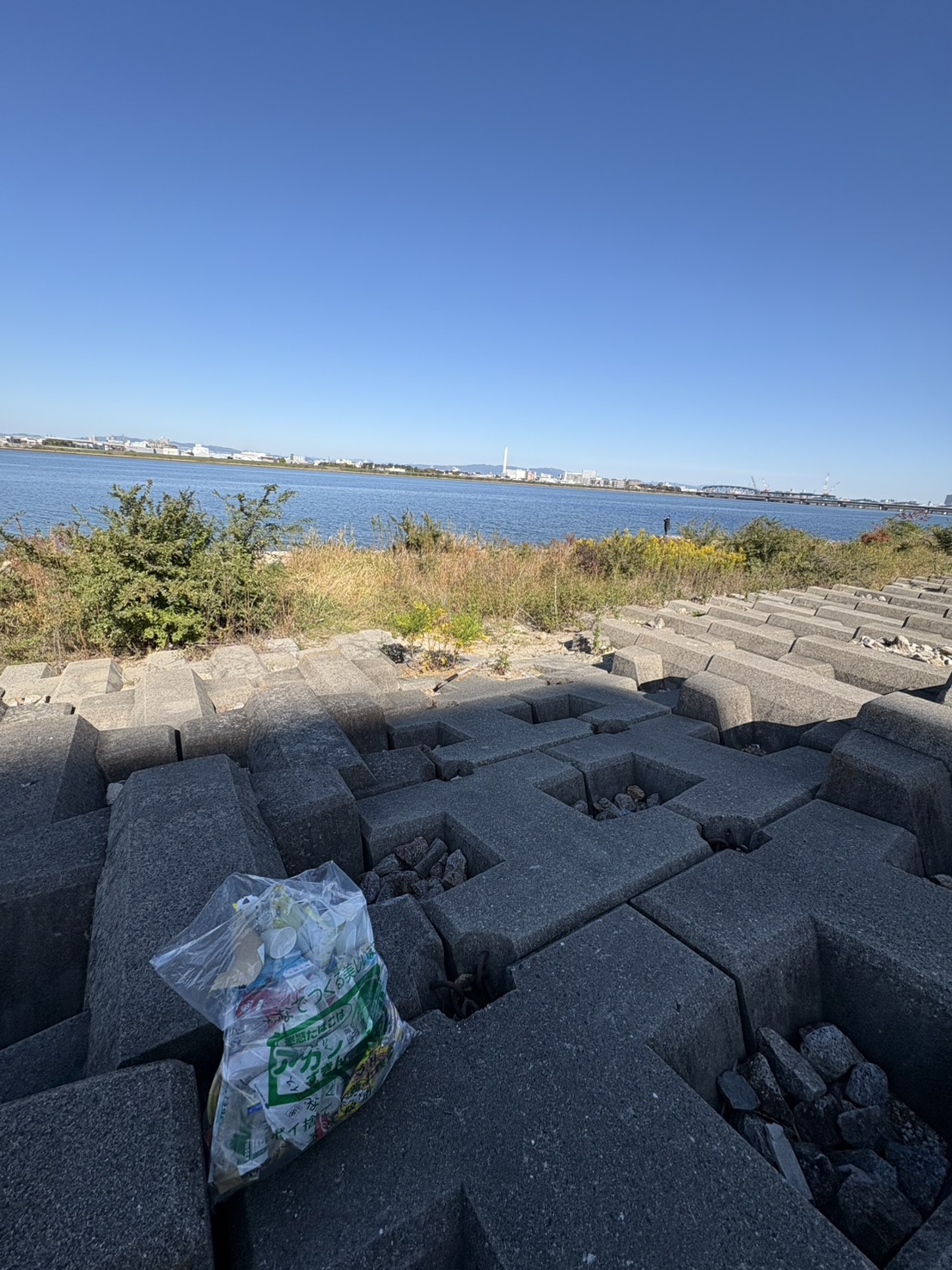 淀川河川敷で回収したごみ袋と河川敷の風景